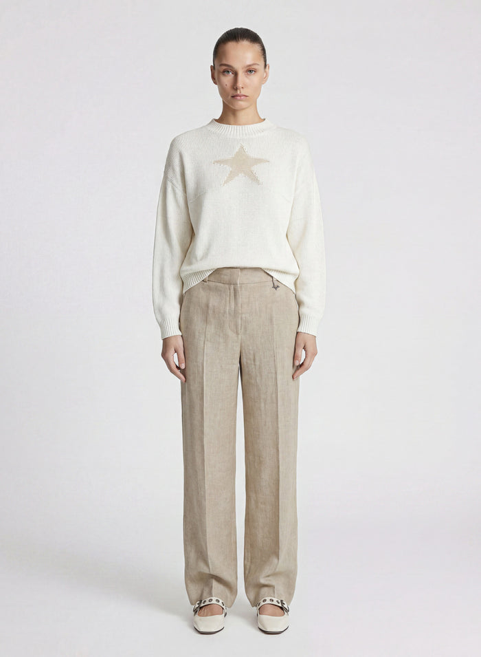 COTTON, LINEN AND SILK CREW NECK SWEATER WITH INTARSIA STAR DESIGN