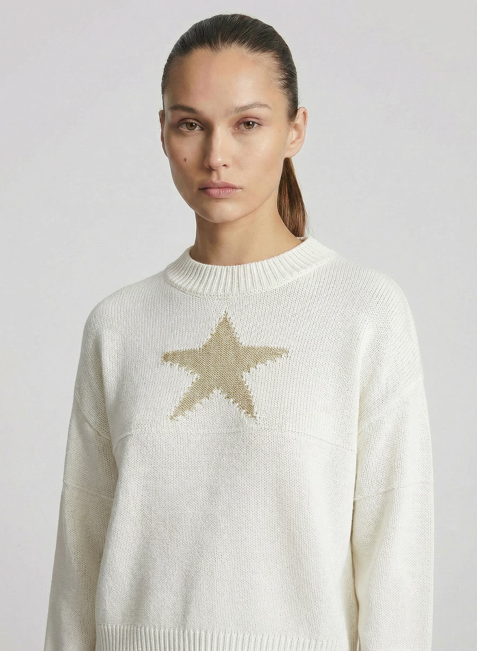 COTTON, LINEN AND SILK CREW NECK SWEATER WITH INTARSIA STAR DESIGN