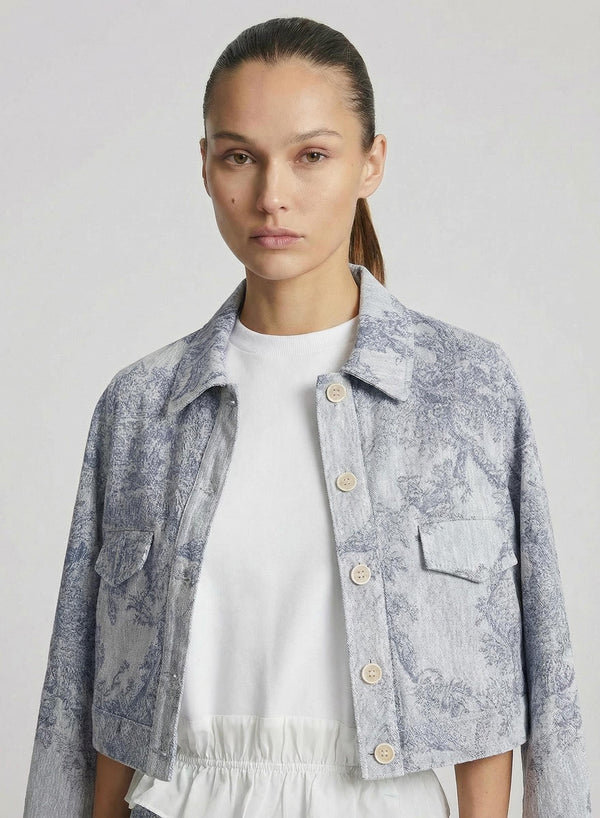 COTTON AND LINEN PEACOAT WITH TOILE DE JOUY JACQUARD PRINT