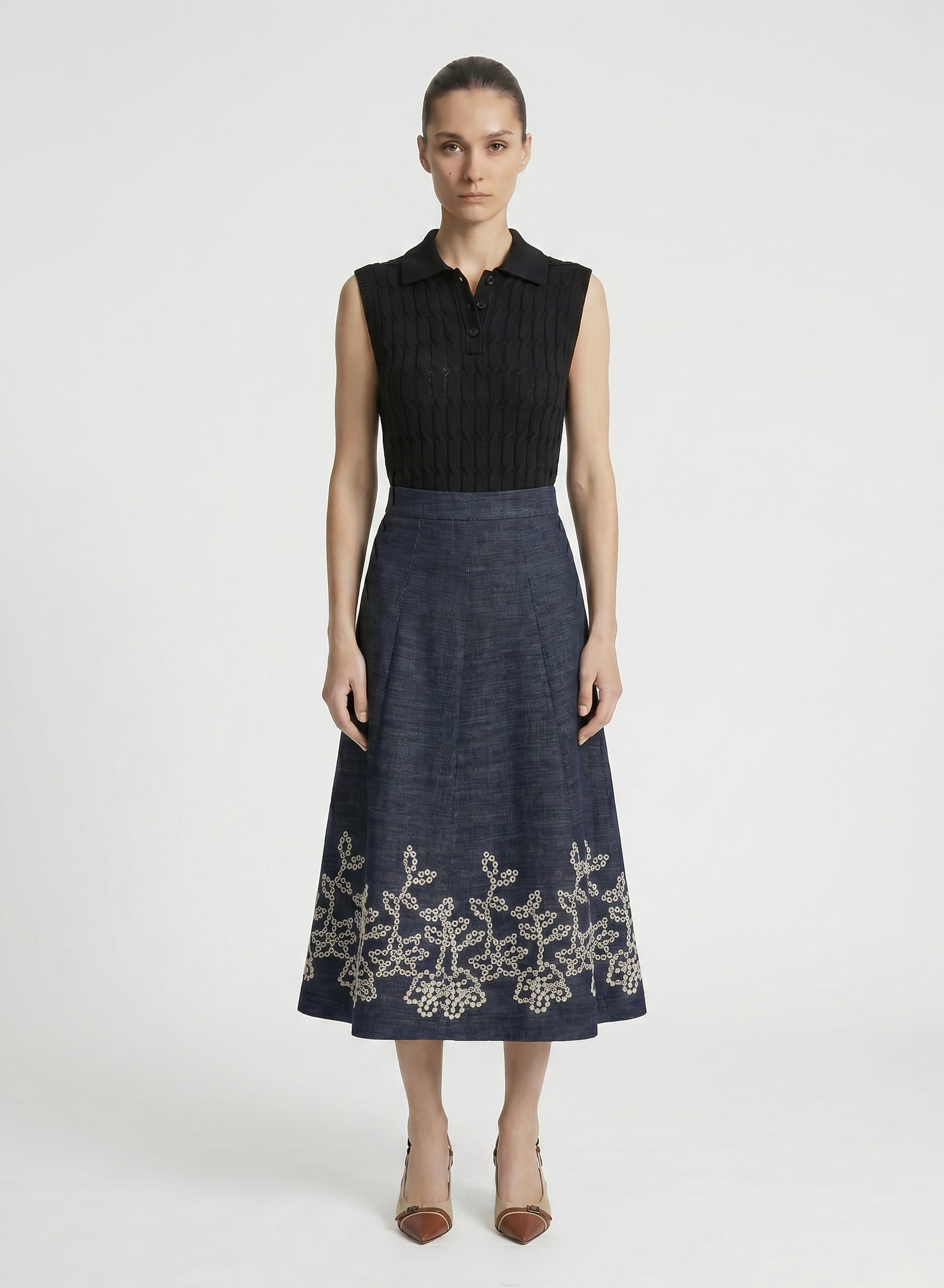 FLUID DENIM A-LINE MIDI SKIRT