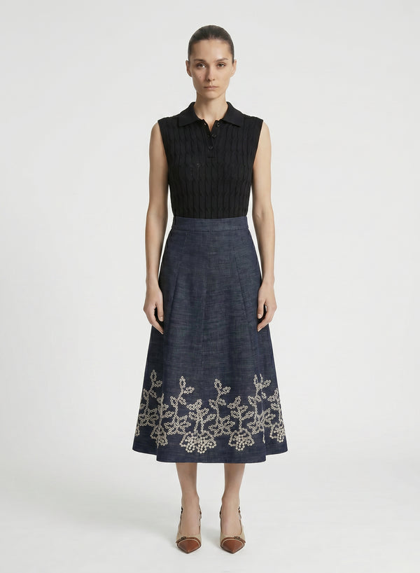 FLUID DENIM A-LINE MIDI SKIRT