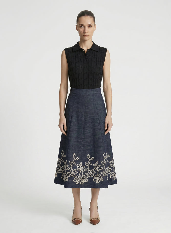 FLUID DENIM A-LINE MIDI SKIRT