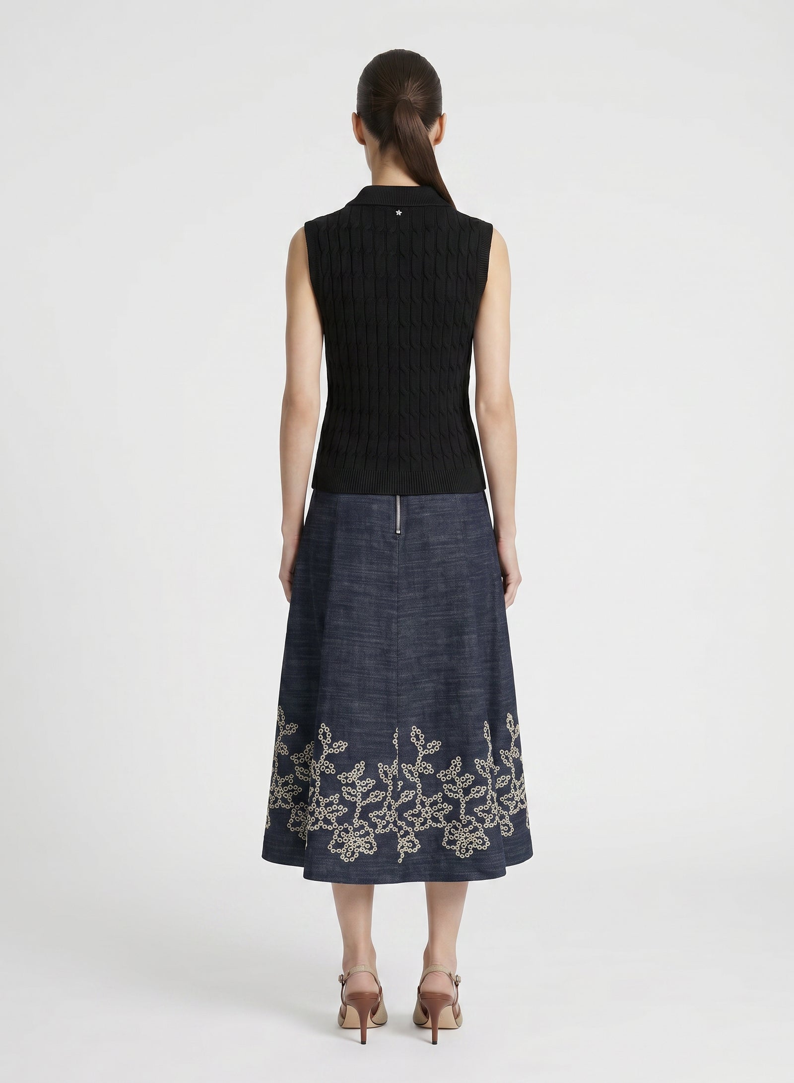 FLUID DENIM A-LINE MIDI SKIRT