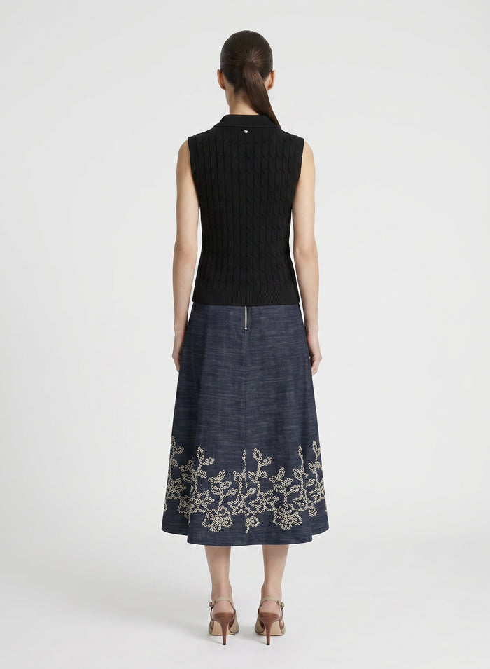 FLUID DENIM A-LINE MIDI SKIRT
