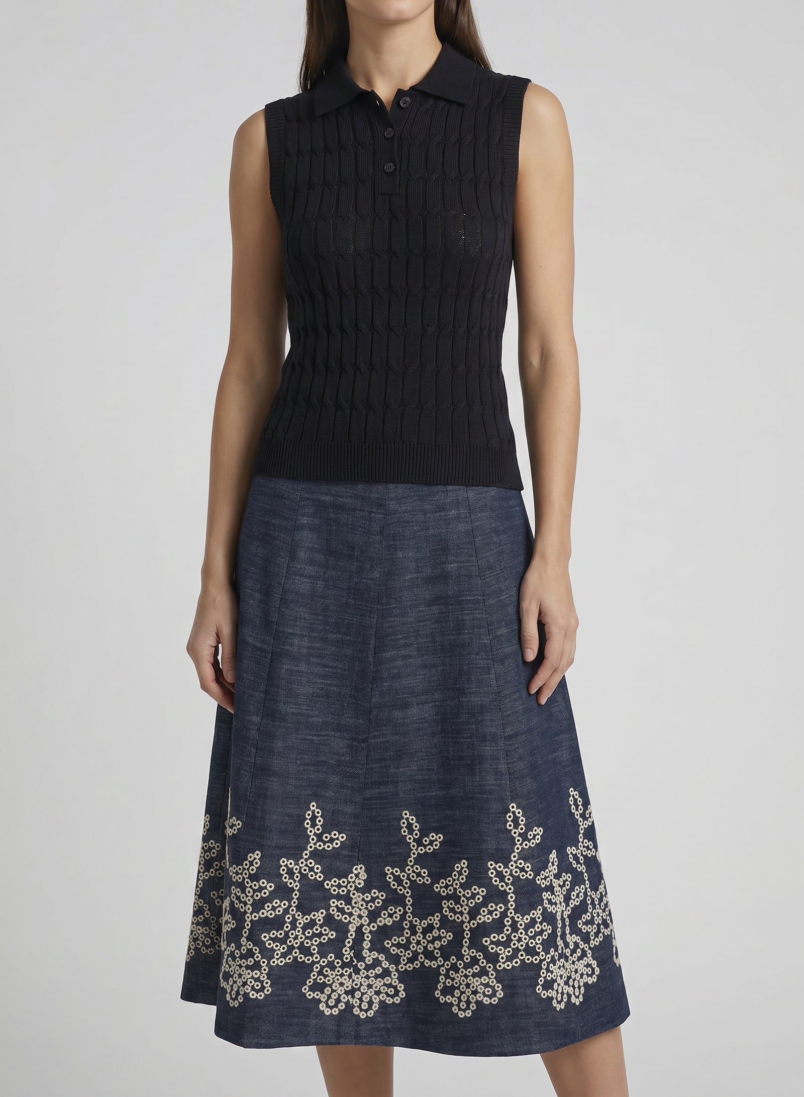 FLUID DENIM A-LINE MIDI SKIRT